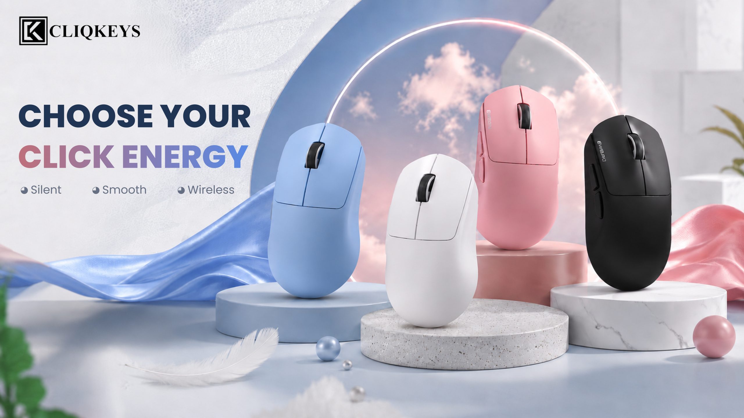 CliqKeys EWEADN X23 wireless gaming mice collection in blue, white, pink, and matte black variants featuring silent clicks
